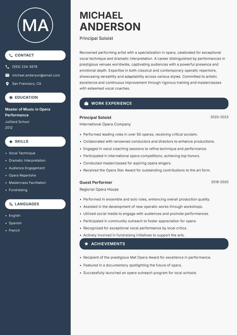 Performing Artist resume sample — Principal Soloist focus