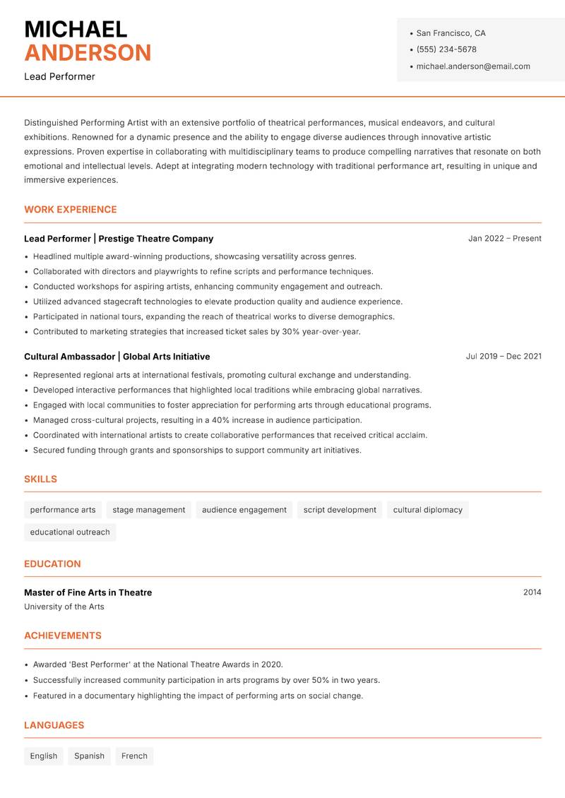 Performing Artist resume sample — Lead Performer focus