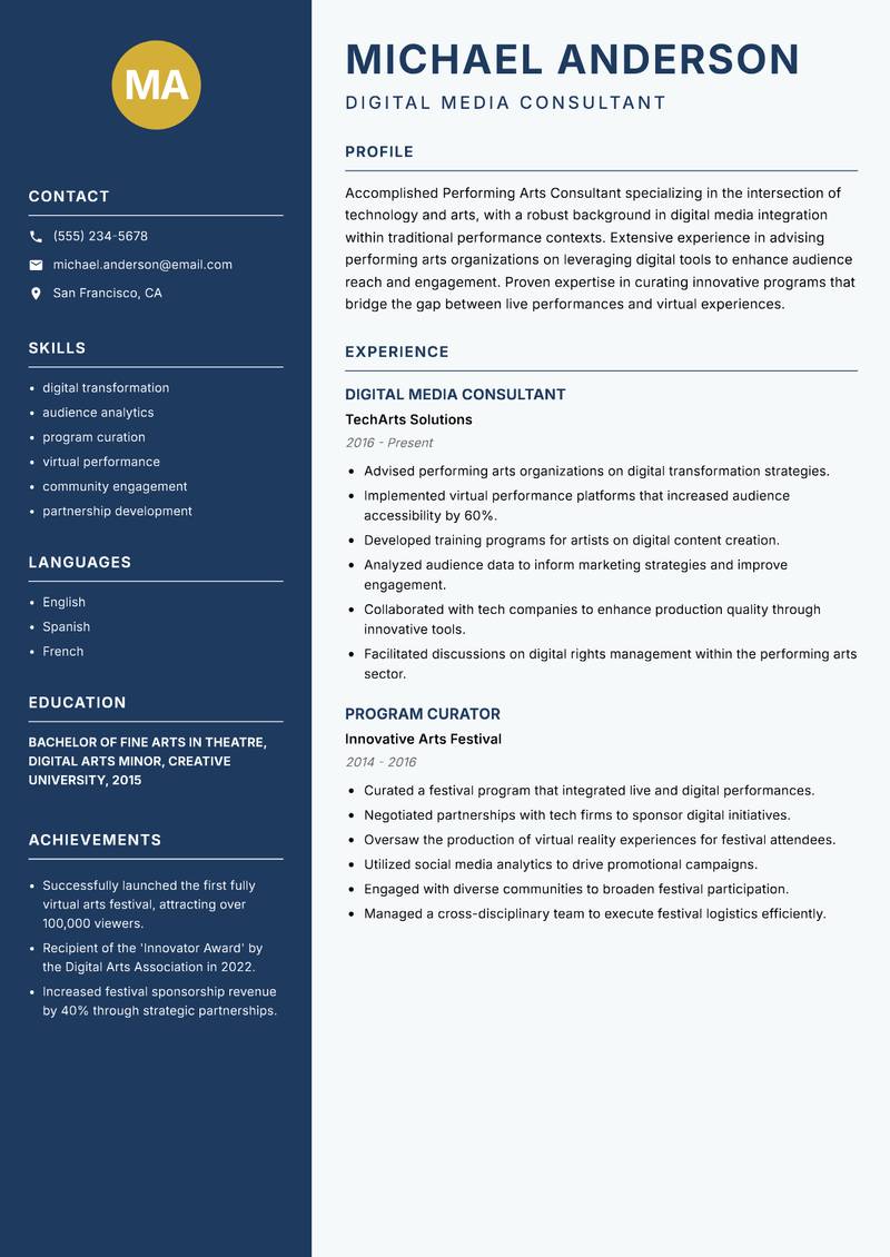 Performing Arts Consultant resume sample — Digital Media Consultant focus