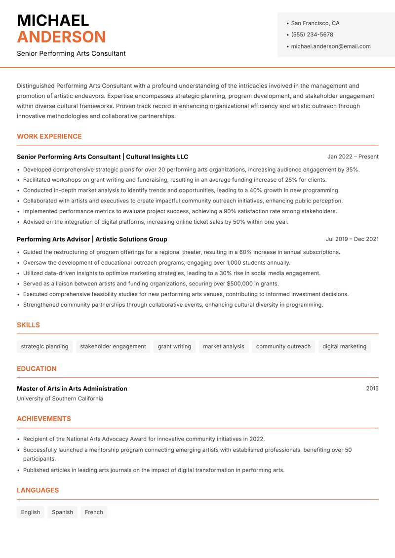 Performing Arts Consultant resume sample — Senior Performing Arts Consultant focus