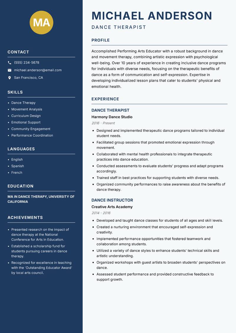 Performing Arts Educator resume sample — Dance Therapist focus