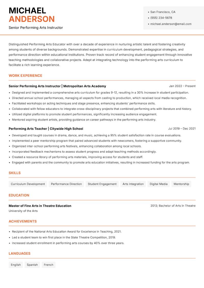 Performing Arts Educator resume sample — Senior Performing Arts Instructor focus