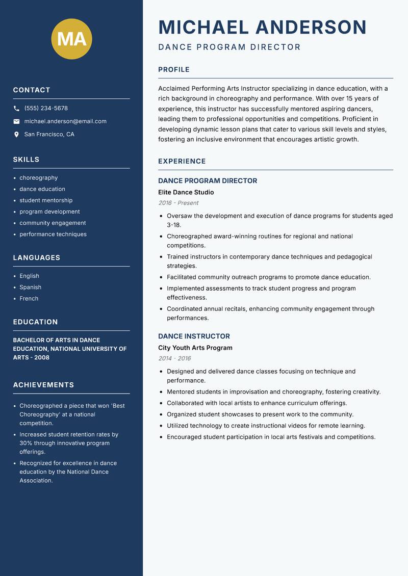 Performing Arts Instructor resume sample — Dance Program Director focus
