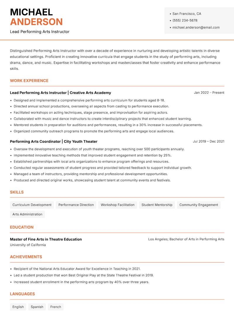 Performing Arts Instructor resume sample — Lead Performing Arts Instructor focus