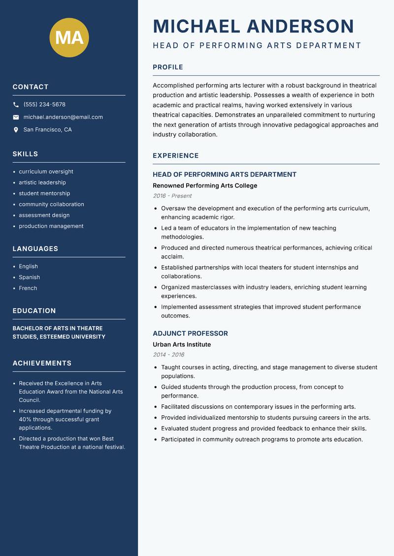 Performing Arts Lecturer resume sample — Head of Performing Arts Department focus