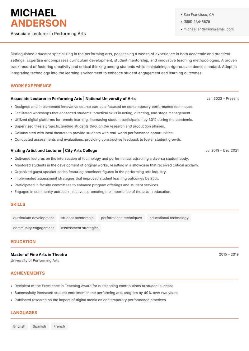 Performing Arts Lecturer resume sample — Associate Lecturer in Performing Arts focus