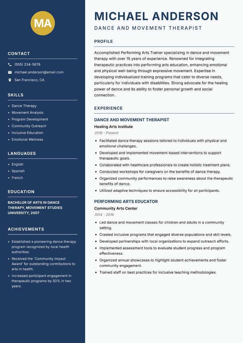 Performing Arts Trainer resume sample — Dance and Movement Therapist focus