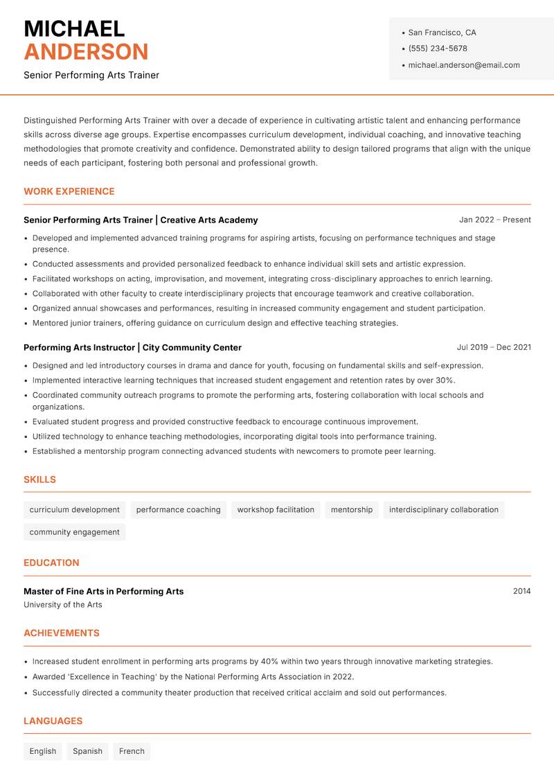 Performing Arts Trainer resume sample — Senior Performing Arts Trainer focus