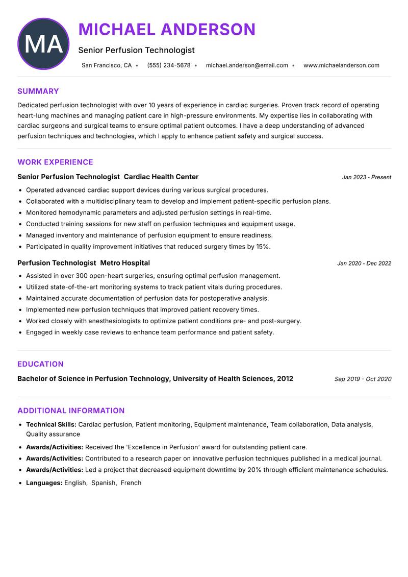 Perfusion Technologist resume example