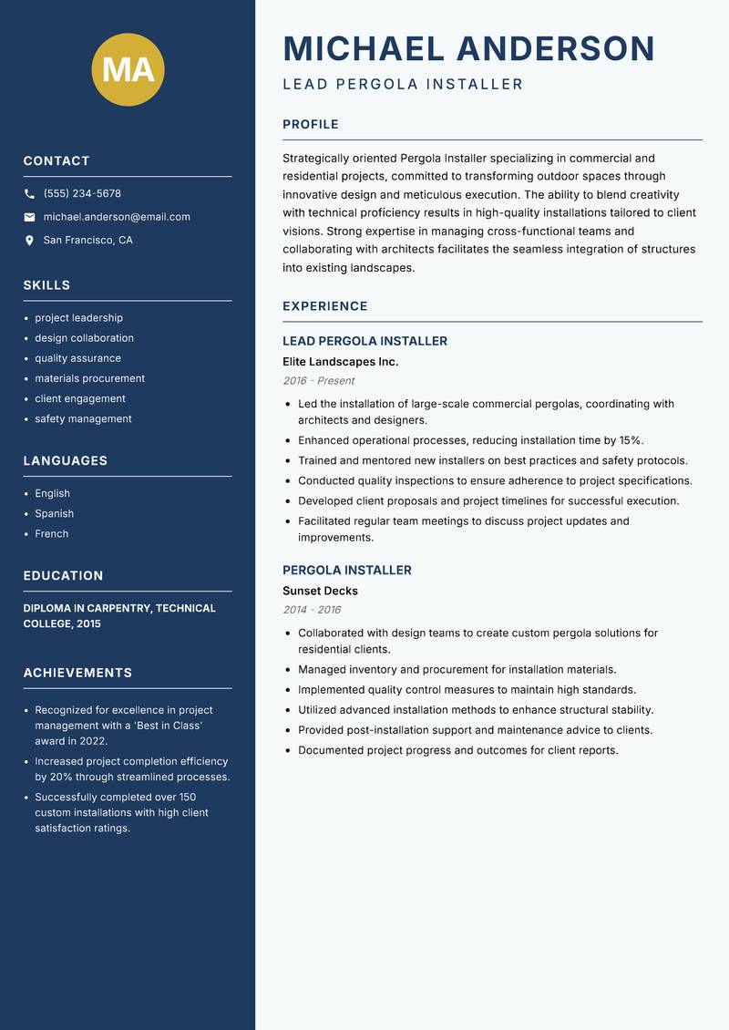 Pergola Installer resume sample — Lead Pergola Installer focus