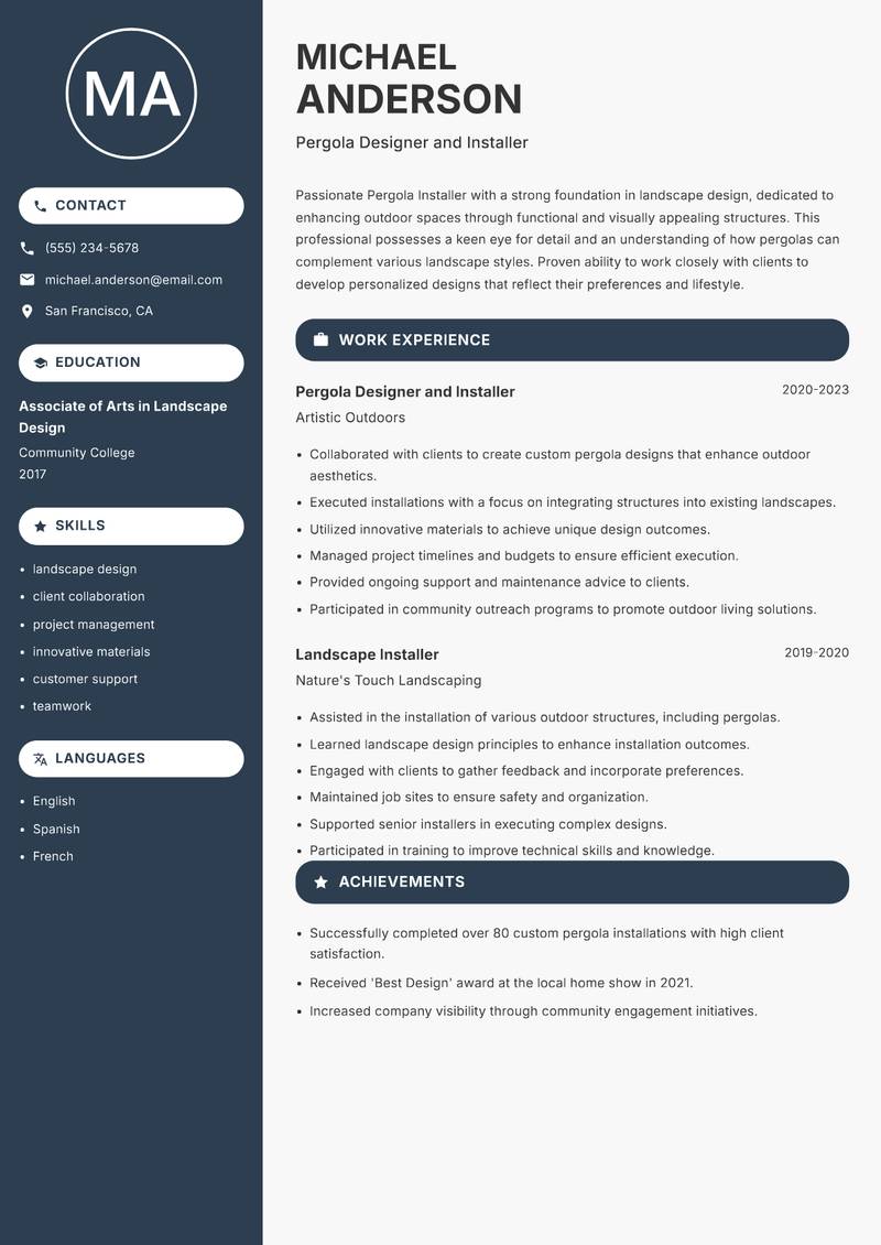 Pergola Installer resume sample — Pergola Designer and Installer focus