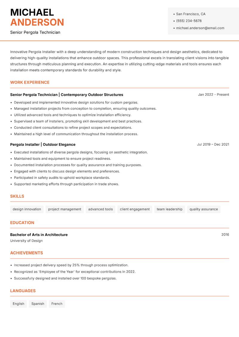 Pergola Installer resume sample — Senior Pergola Technician focus
