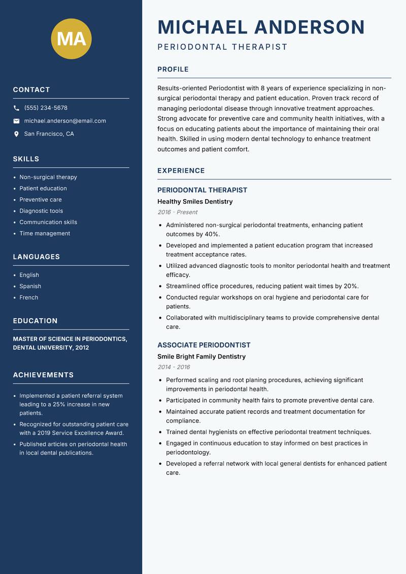 Periodontist resume sample — Periodontal Therapist focus