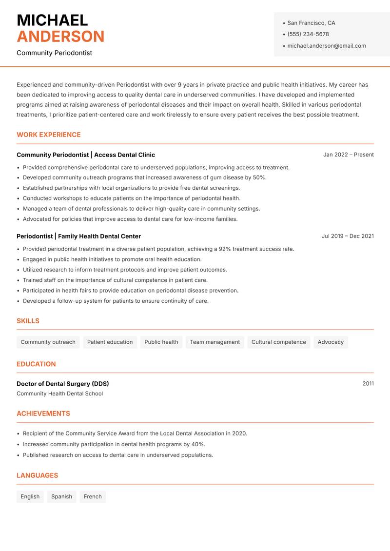Periodontist resume sample — Community Periodontist focus