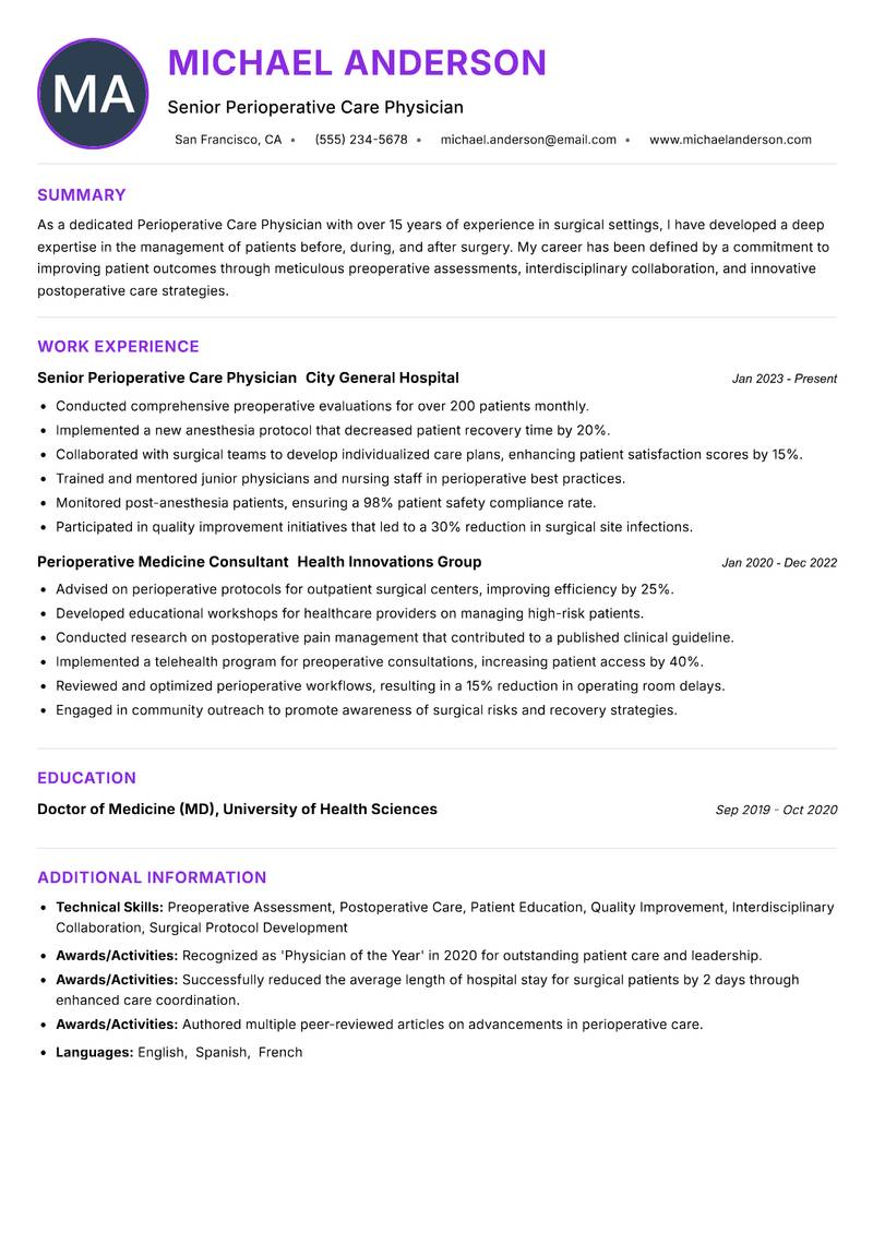 Perioperative Care Physician resume example