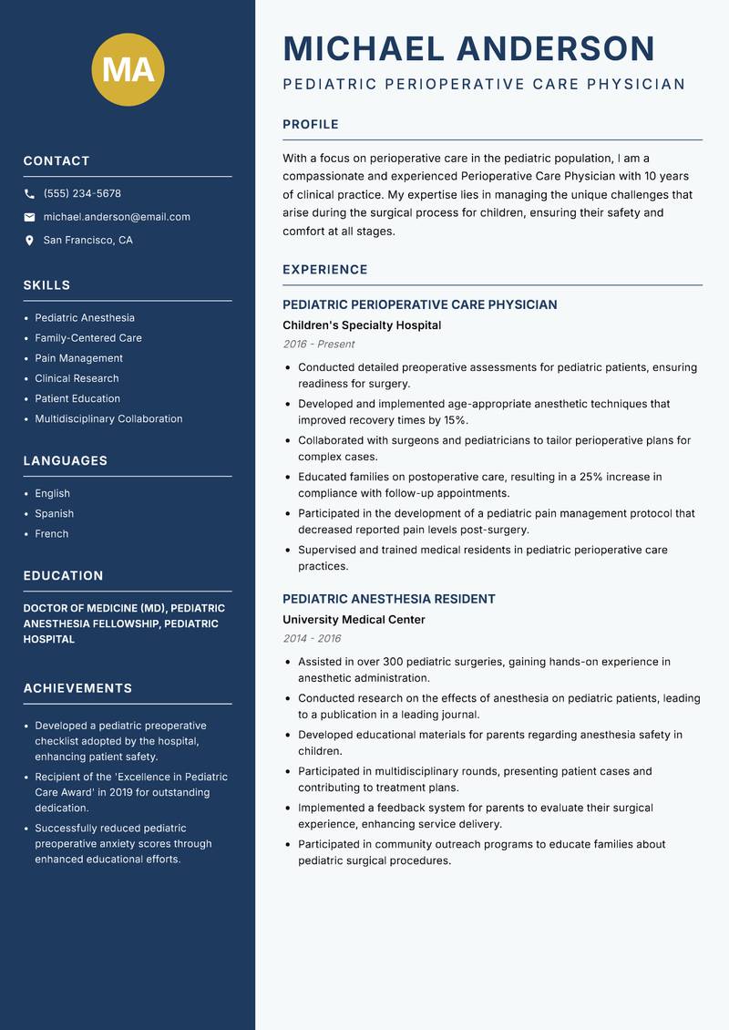 Perioperative Care Physician resume sample — Pediatric Perioperative Care Physician focus