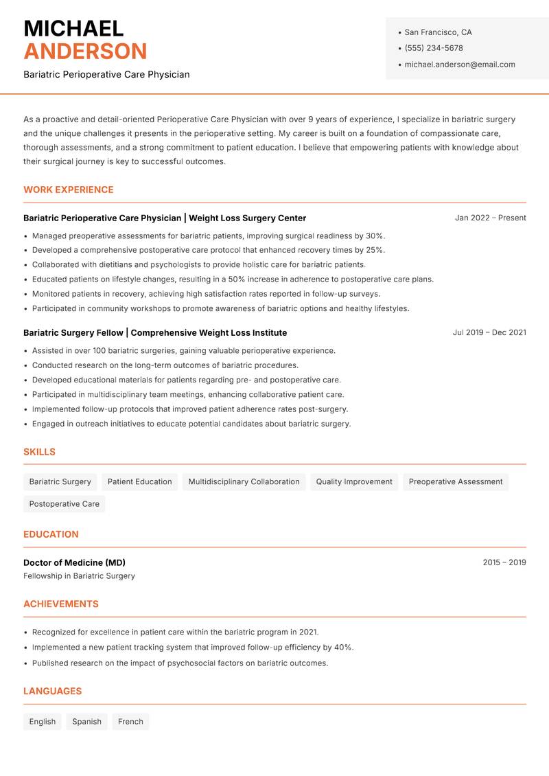 Perioperative Care Physician resume sample — Bariatric Perioperative Care Physician focus