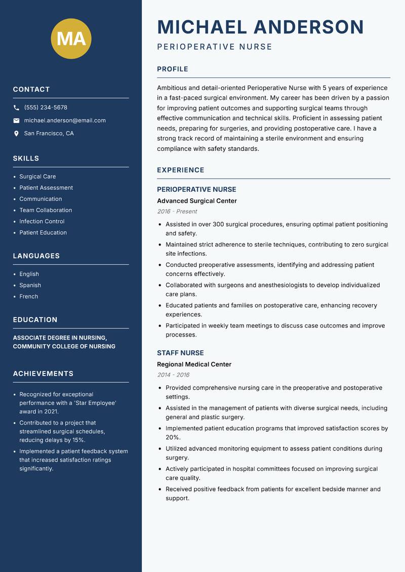 Perioperative Nurse resume sample — Perioperative Nurse focus