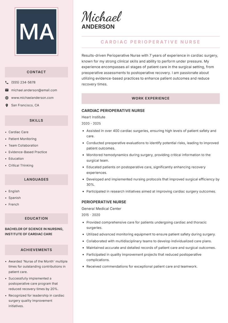 Perioperative Nurse resume sample — Cardiac Perioperative Nurse focus