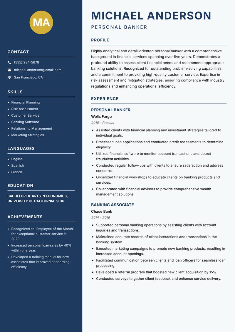 Personal Banker resume sample — Personal Banker focus