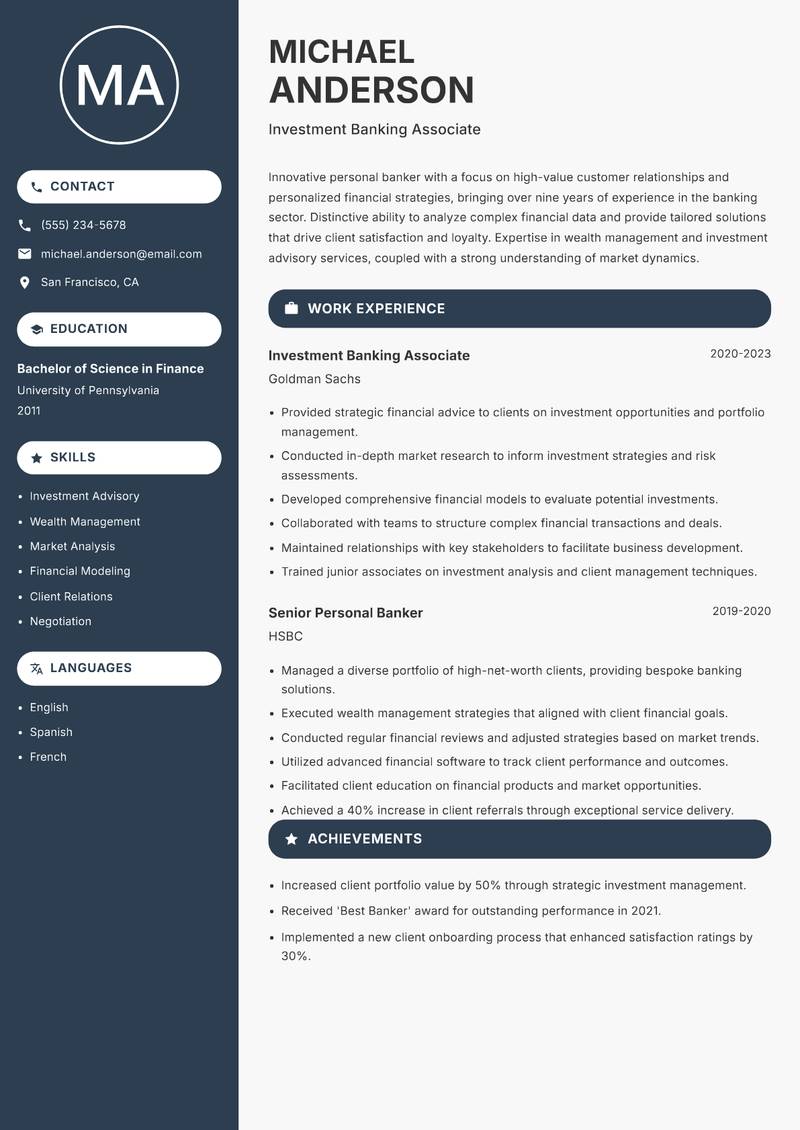 Personal Banker resume sample — Investment Banking Associate focus
