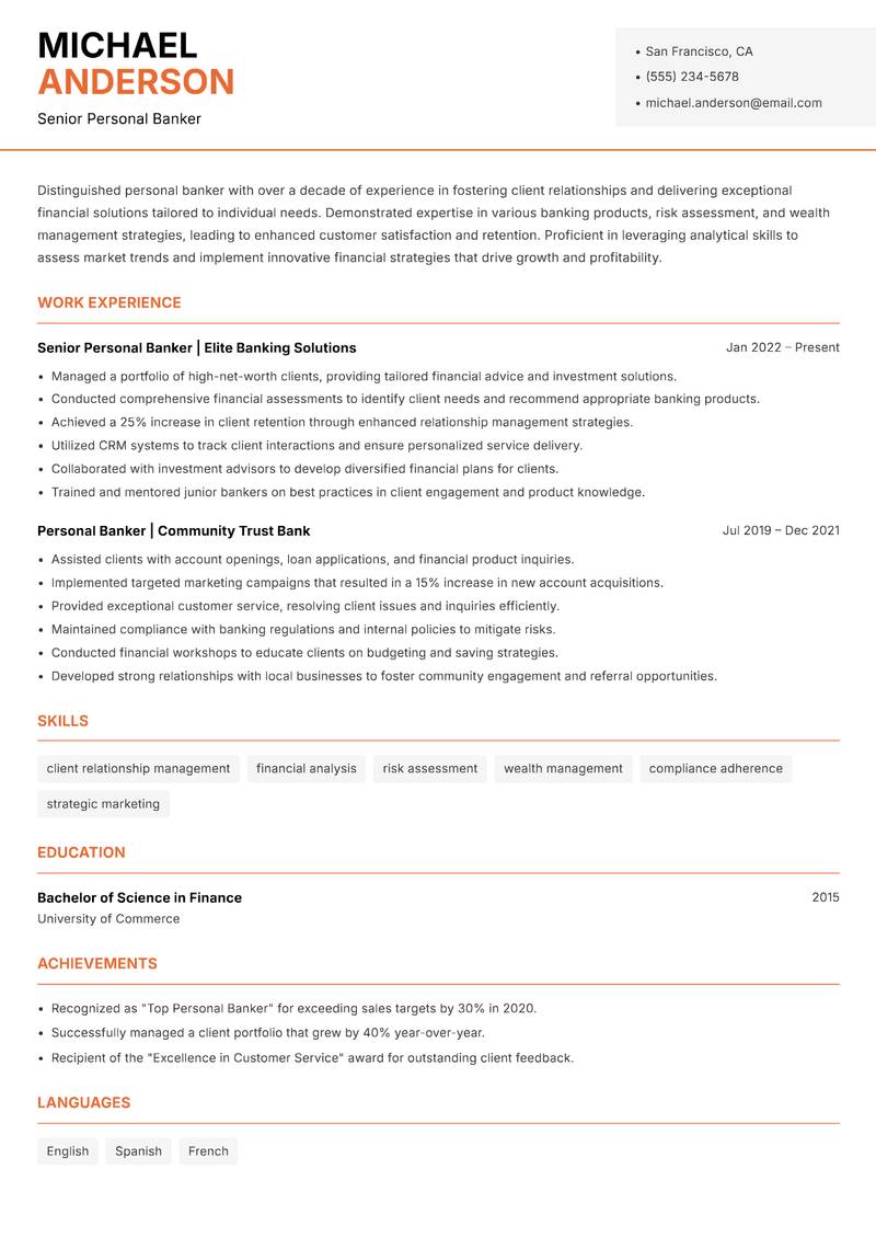 Personal Banker resume sample — Senior Personal Banker focus