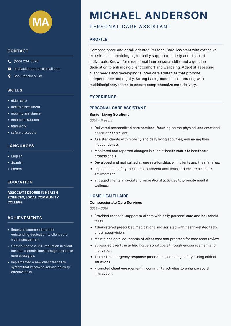 Personal Care Assistant resume sample — Personal Care Assistant focus