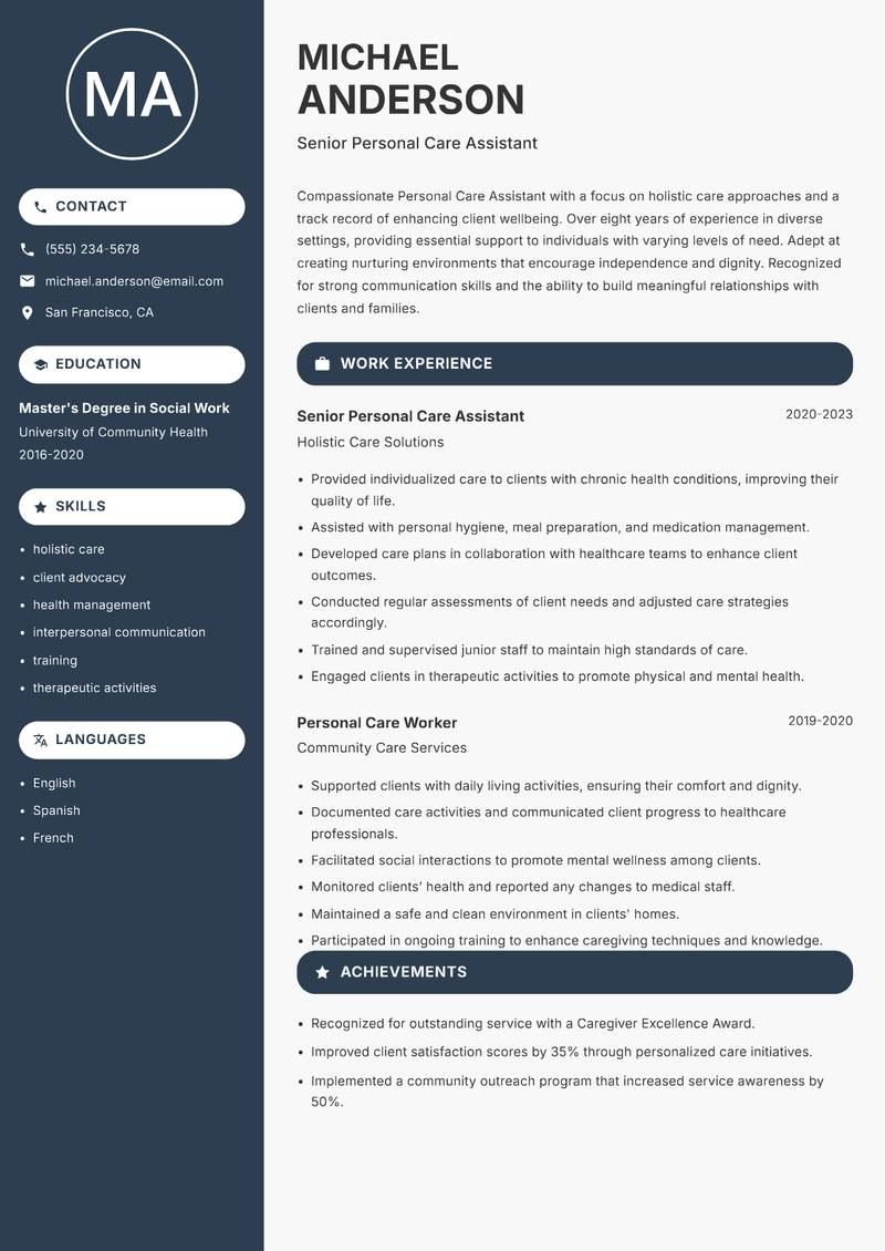 Personal Care Assistant resume sample — Senior Personal Care Assistant focus