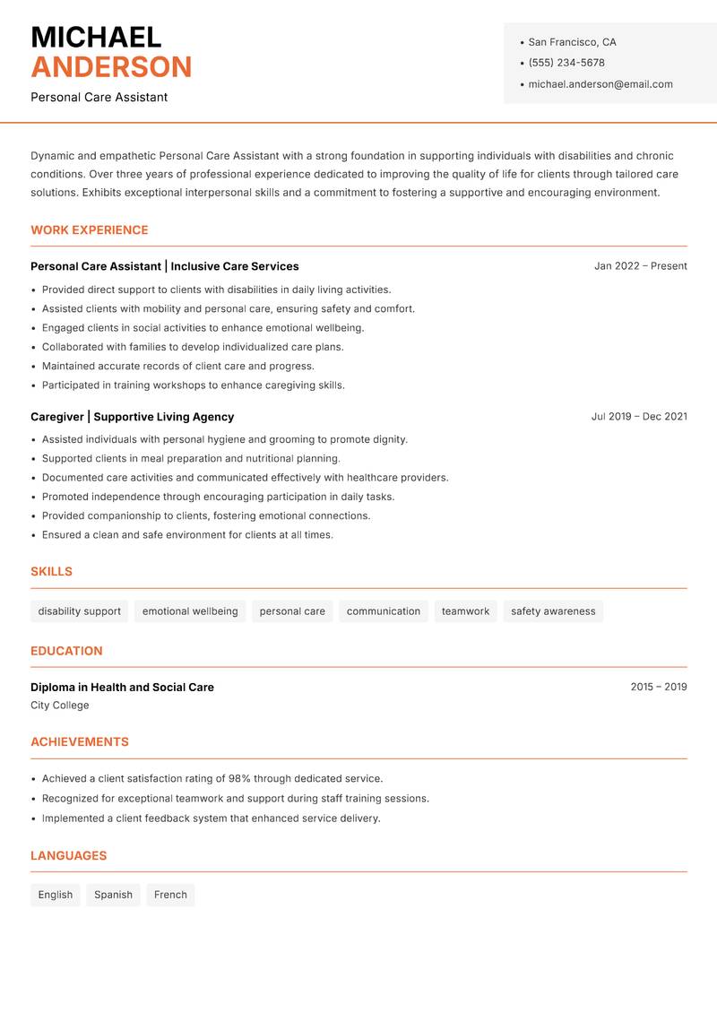 Personal Care Assistant resume sample — Personal Care Assistant focus