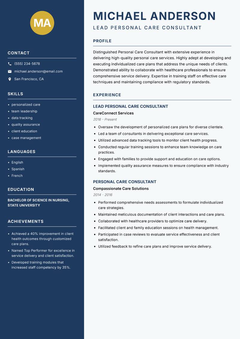 Personal Care Consultant resume sample — Lead Personal Care Consultant focus