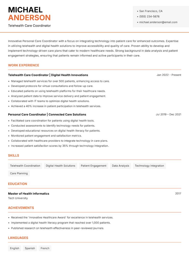 Personal Care Coordinator resume sample — Telehealth Care Coordinator focus
