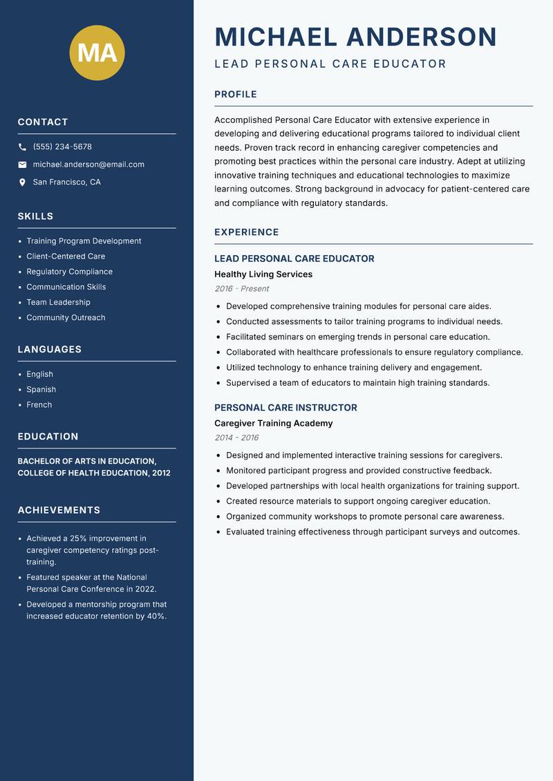 Personal Care Educator resume sample — Lead Personal Care Educator focus