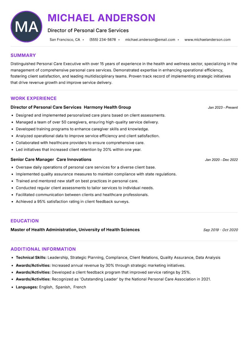 Personal Care Executive resume example