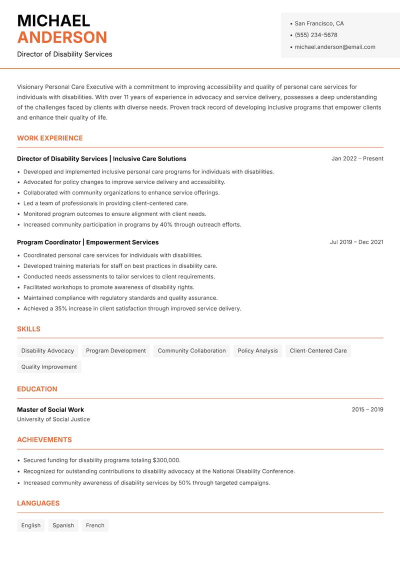 Personal Care Executive resume sample — Director of Disability Services focus