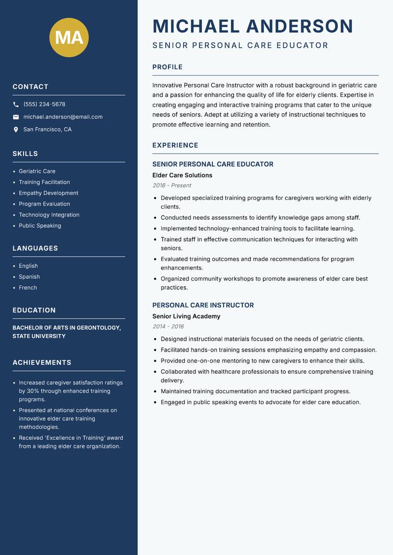 Personal Care Instructor resume sample — Senior Personal Care Educator focus