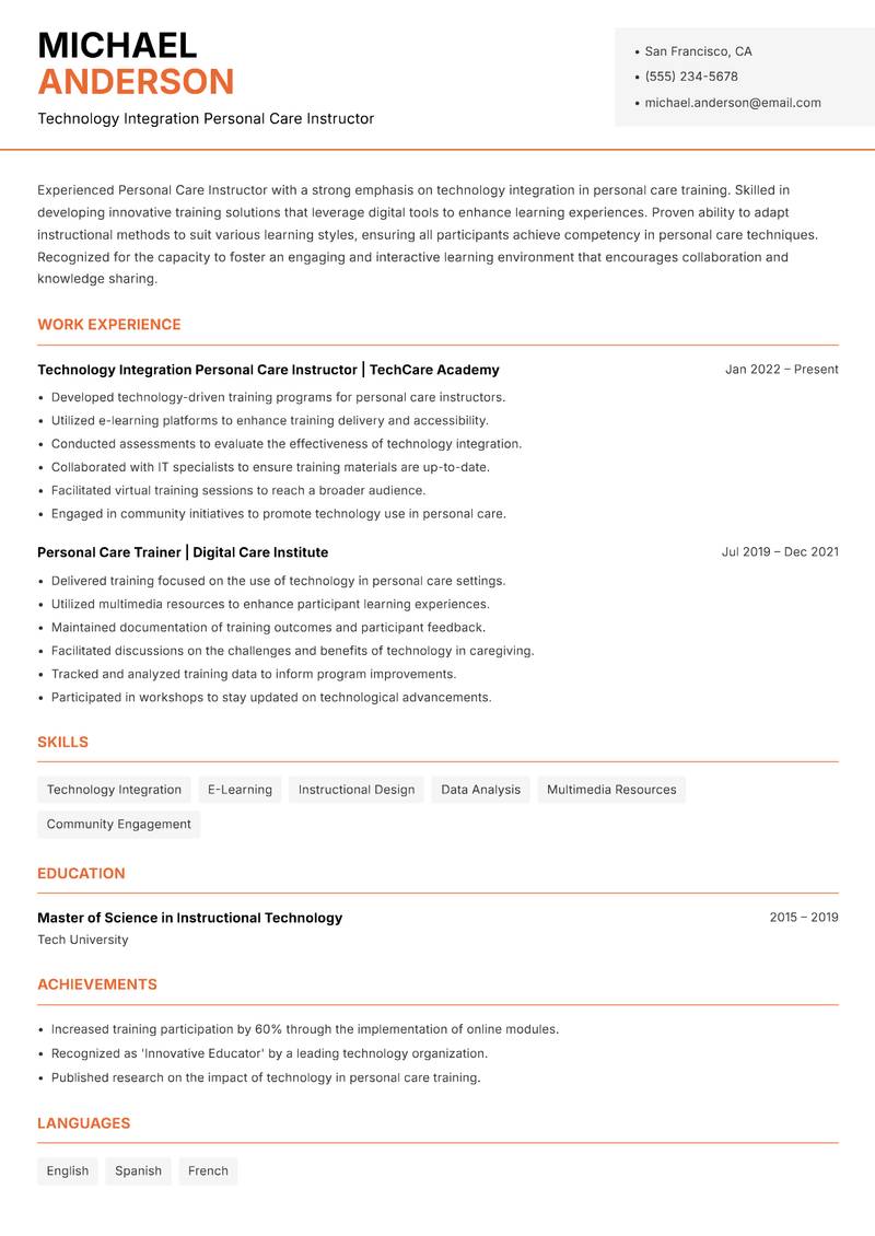 Personal Care Instructor resume sample — Technology Integration Personal Care Instructor focus