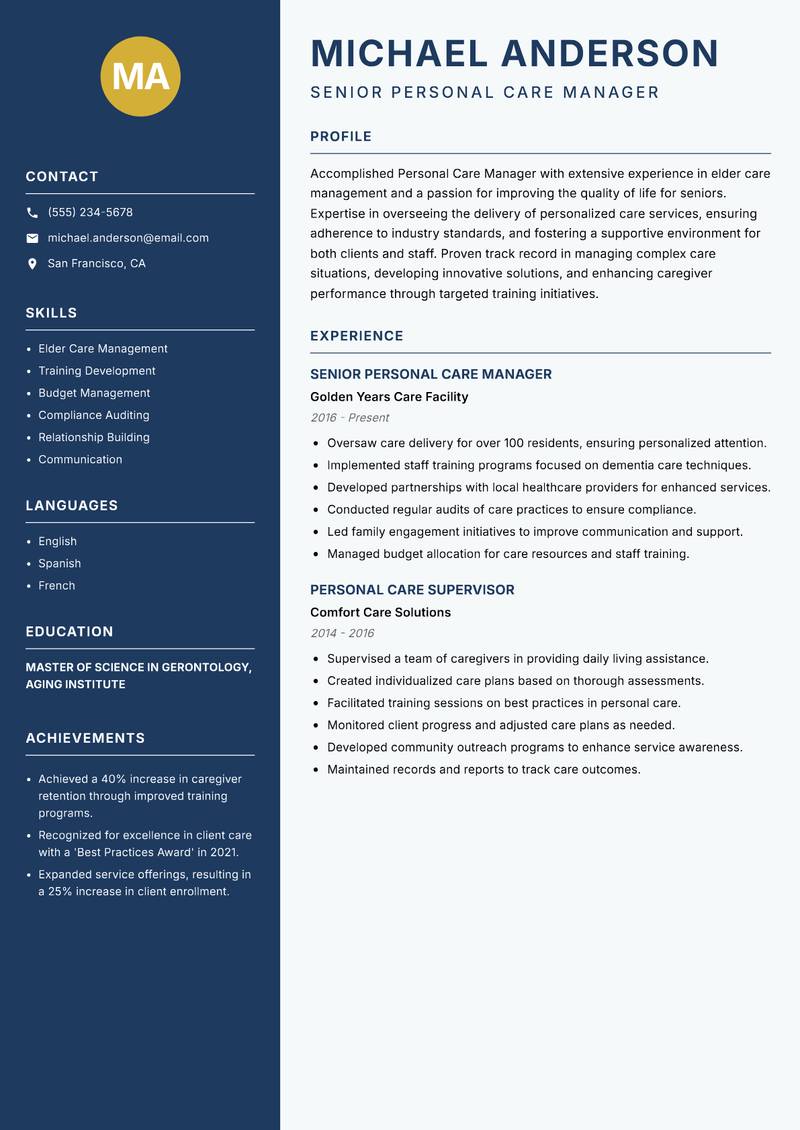 Personal Care Manager resume sample — Senior Personal Care Manager focus