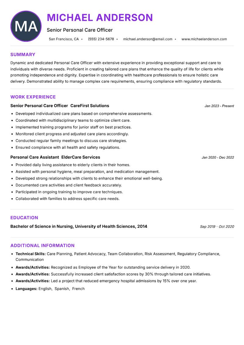 Personal Care Officer resume example
