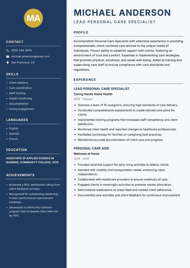 Personal Care Specialist resume sample — Lead Personal Care Specialist focus