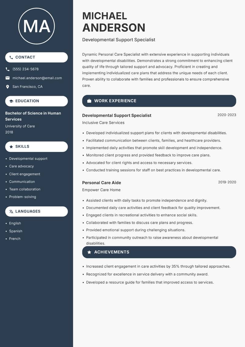 Personal Care Specialist resume sample — Developmental Support Specialist focus