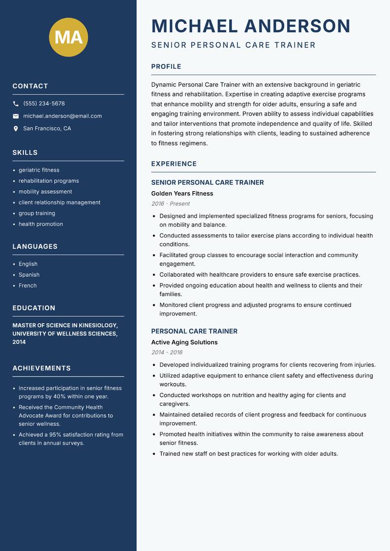 Personal Care Trainer resume sample — Senior Personal Care Trainer focus