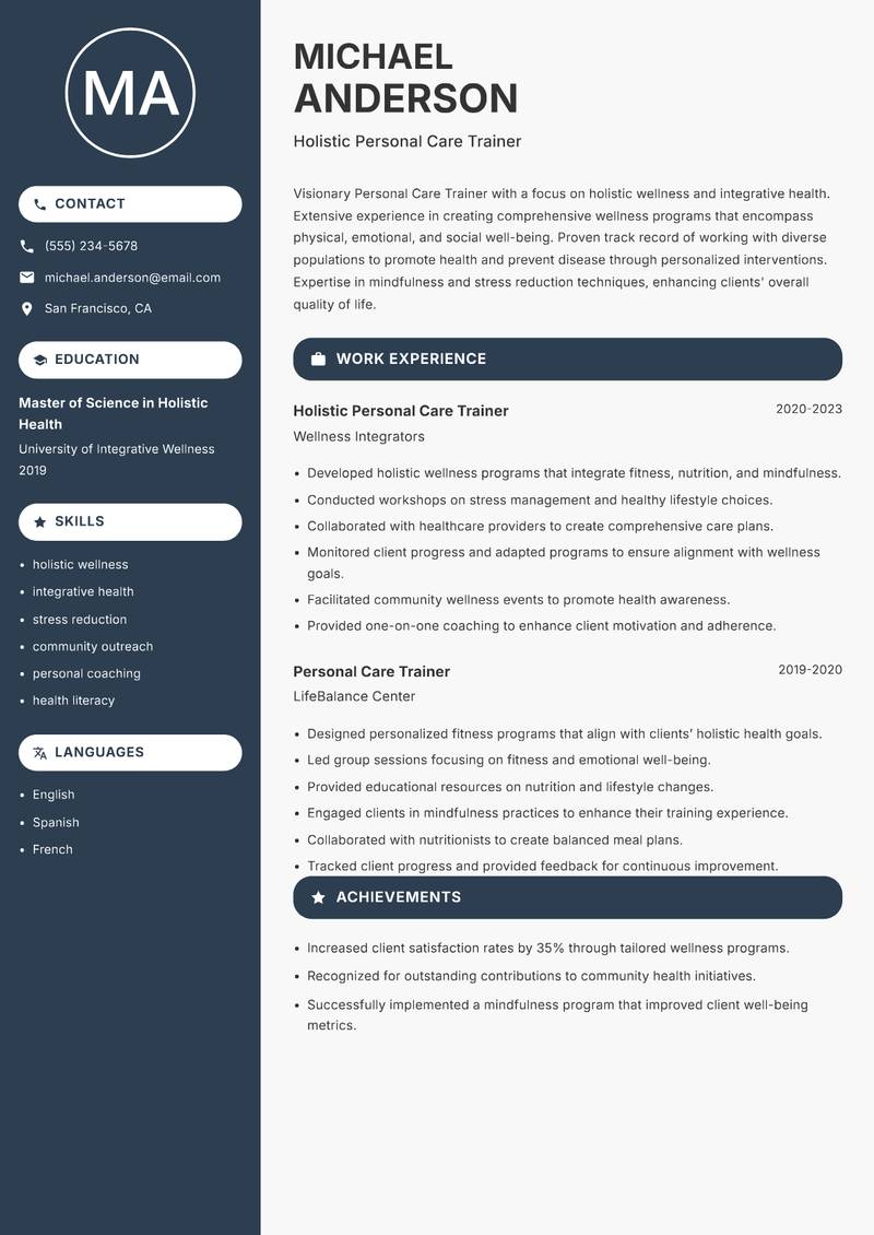 Personal Care Trainer resume sample — Holistic Personal Care Trainer focus