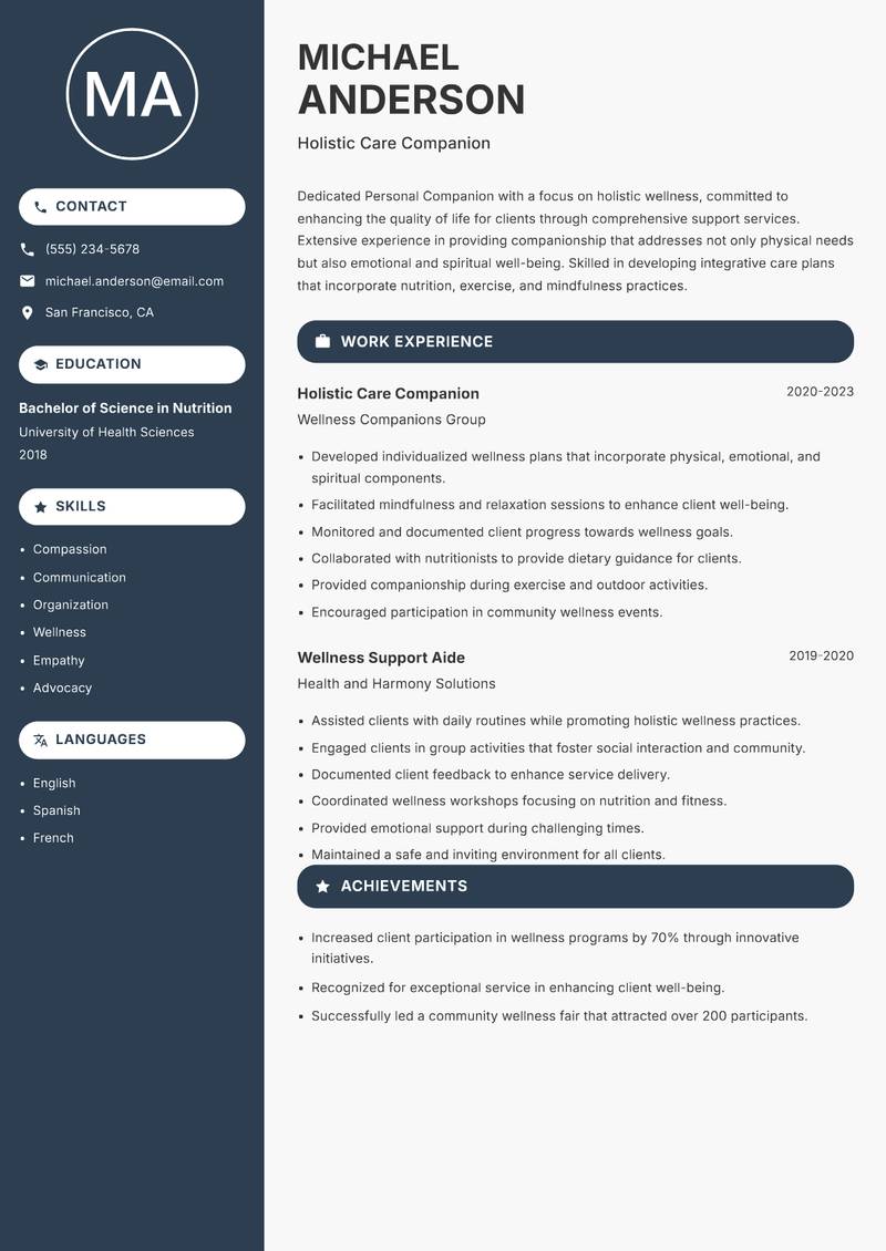 Personal Companion resume sample — Holistic Care Companion focus