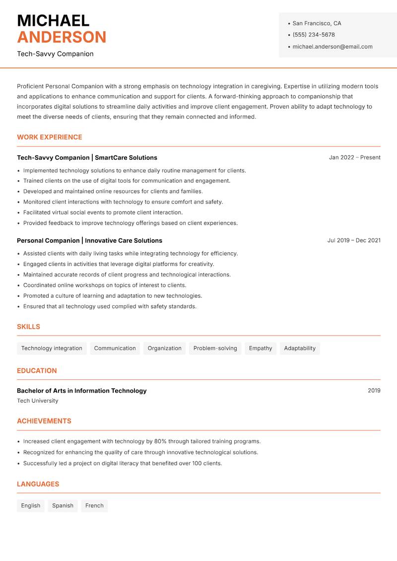 Personal Companion resume sample — Tech-Savvy Companion focus