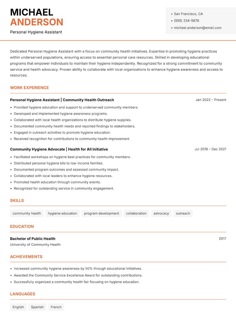 Personal Hygiene Assistant resume sample — Personal Hygiene Assistant focus