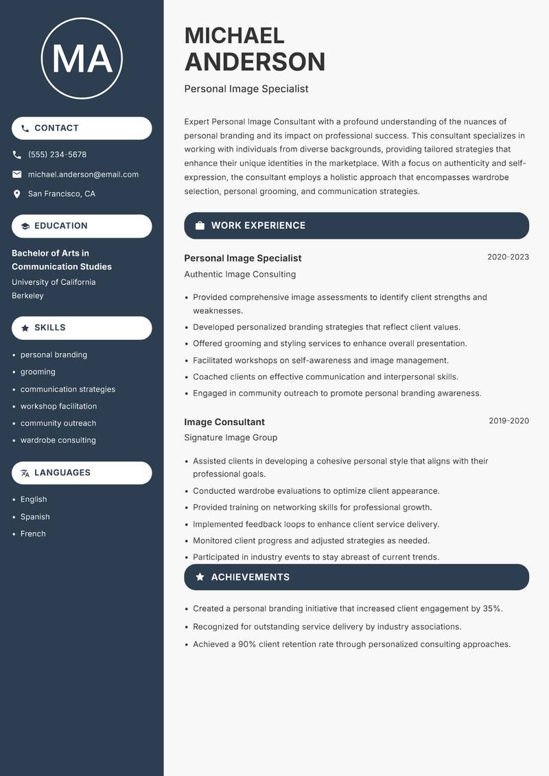Personal Image Consultant resume sample — Personal Image Specialist focus