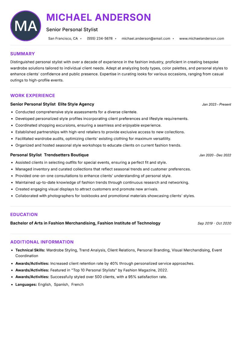 Personal Stylist resume example