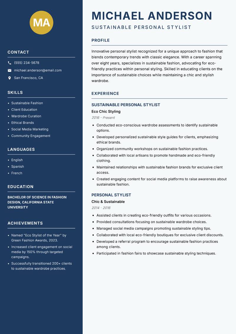 Personal Stylist resume sample — Sustainable Personal Stylist focus