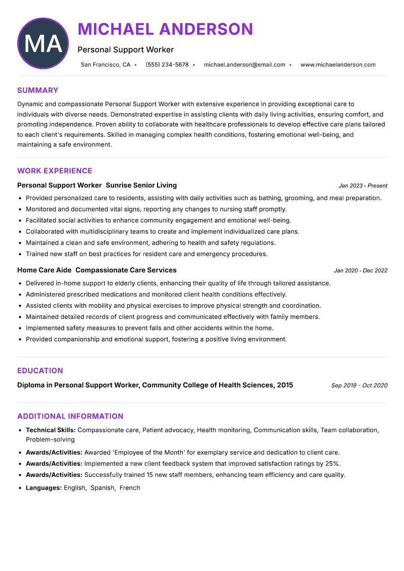 Personal Support Worker resume example