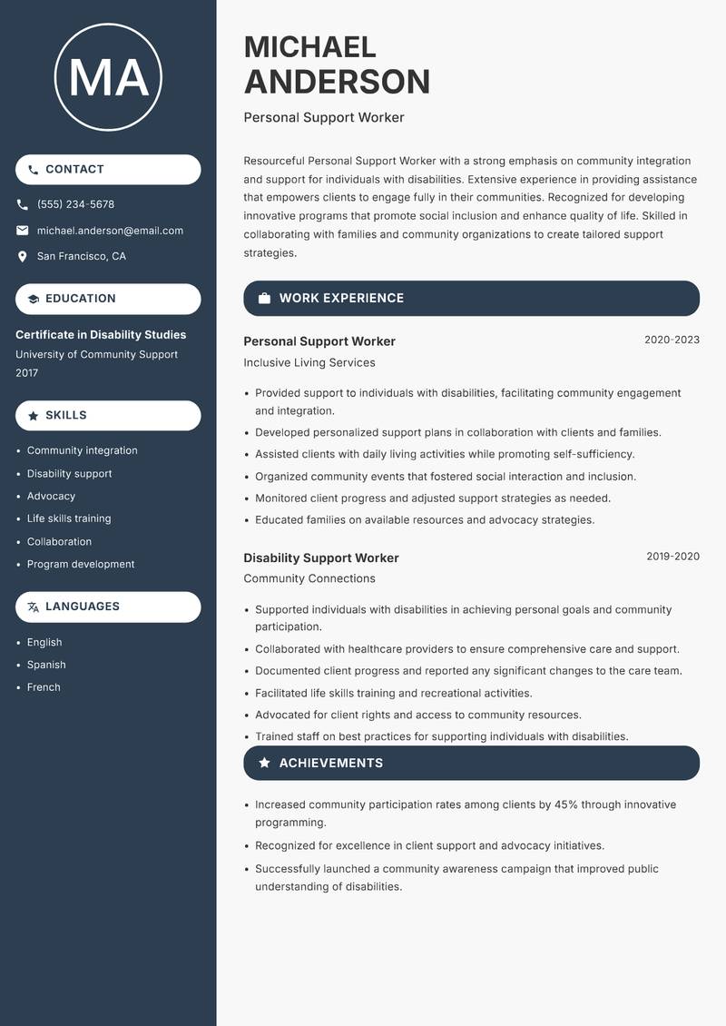 Personal Support Worker resume sample — Personal Support Worker focus